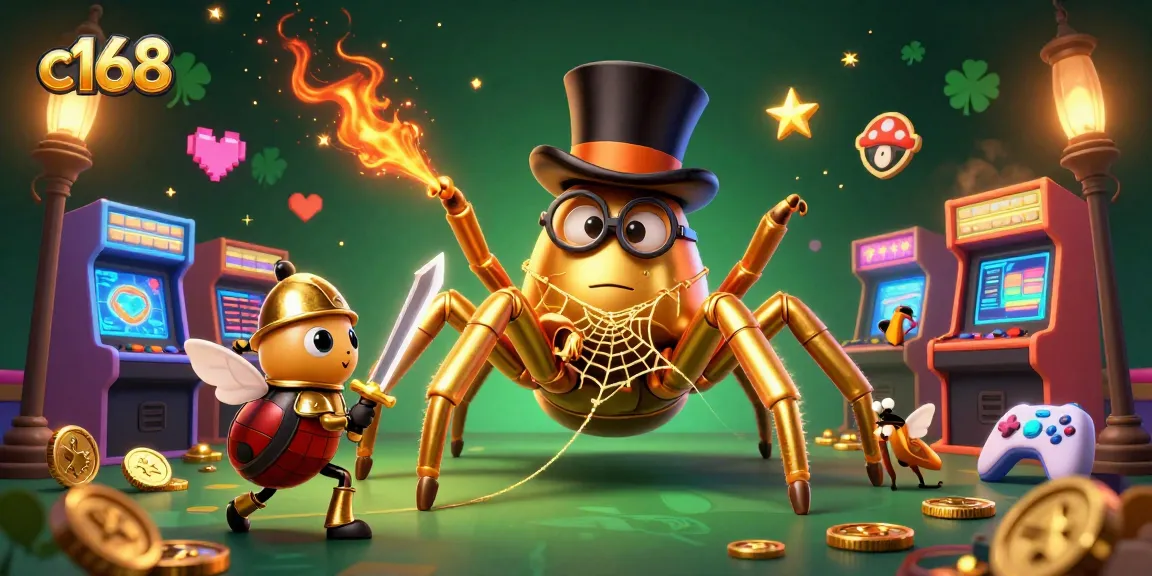 Experience the thrilling gameplay of c168's casino universe with a captivating golden tarantula and brave beetle knight.