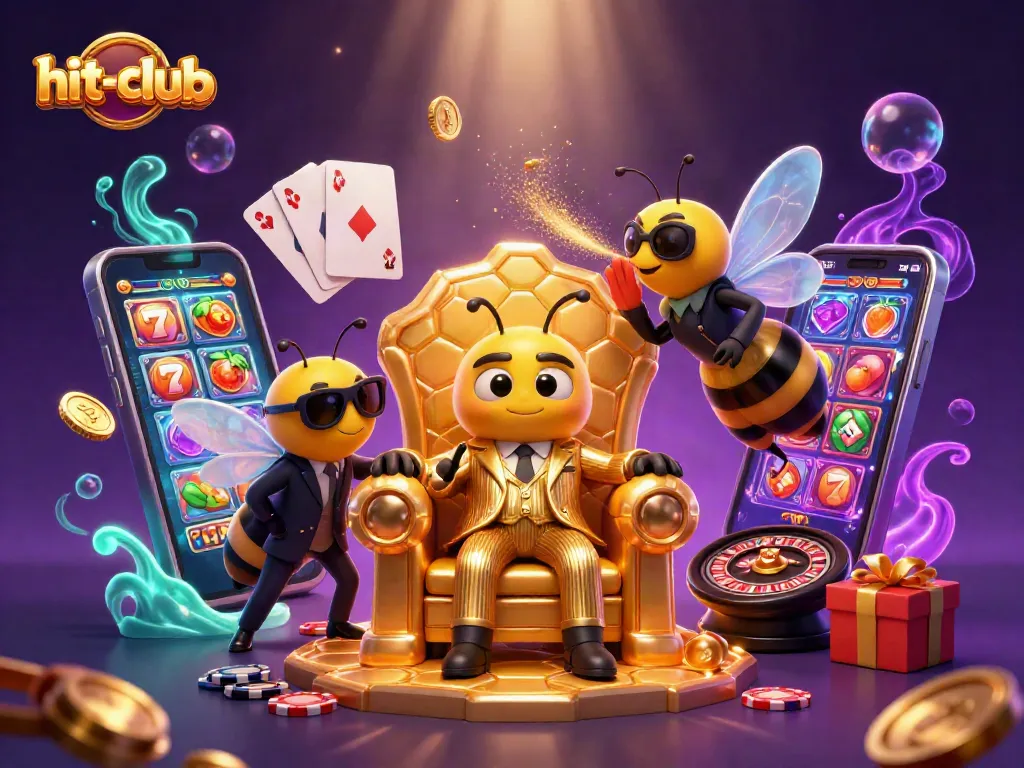 Engage in thrilling games at hit-club, a 3D casino scene showcasing vibrant slot games and animated characters.