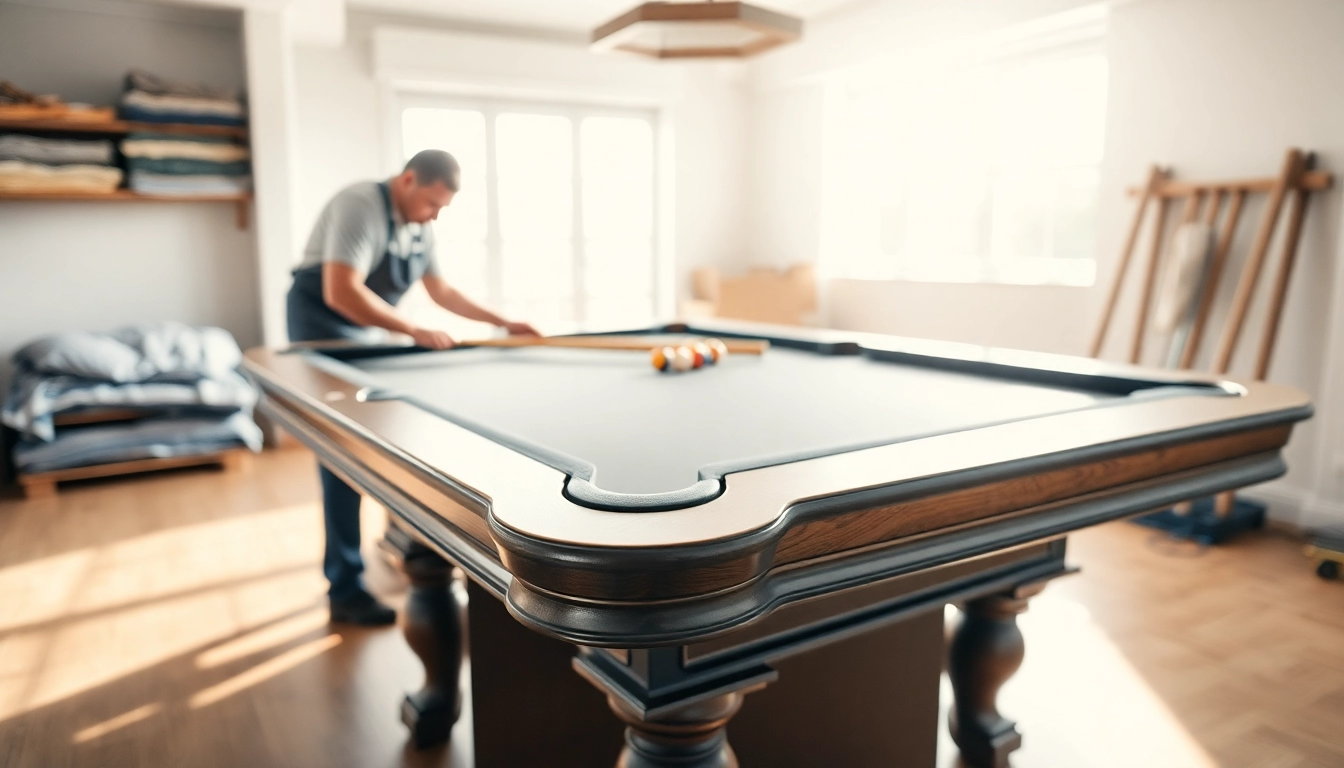 Pool table mover expertly disassembling a slate pool table to ensure safe relocation.
