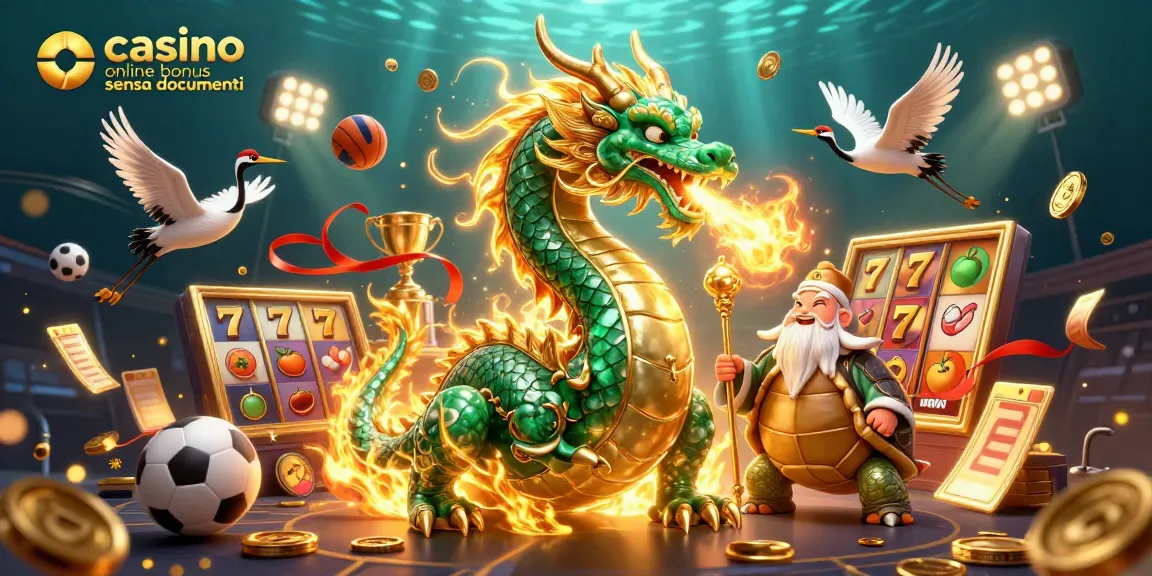 Illustrazione rappresentativa di un drago di giada che offre un bonus casinò online senza documenti e simboli di slot fortunati.