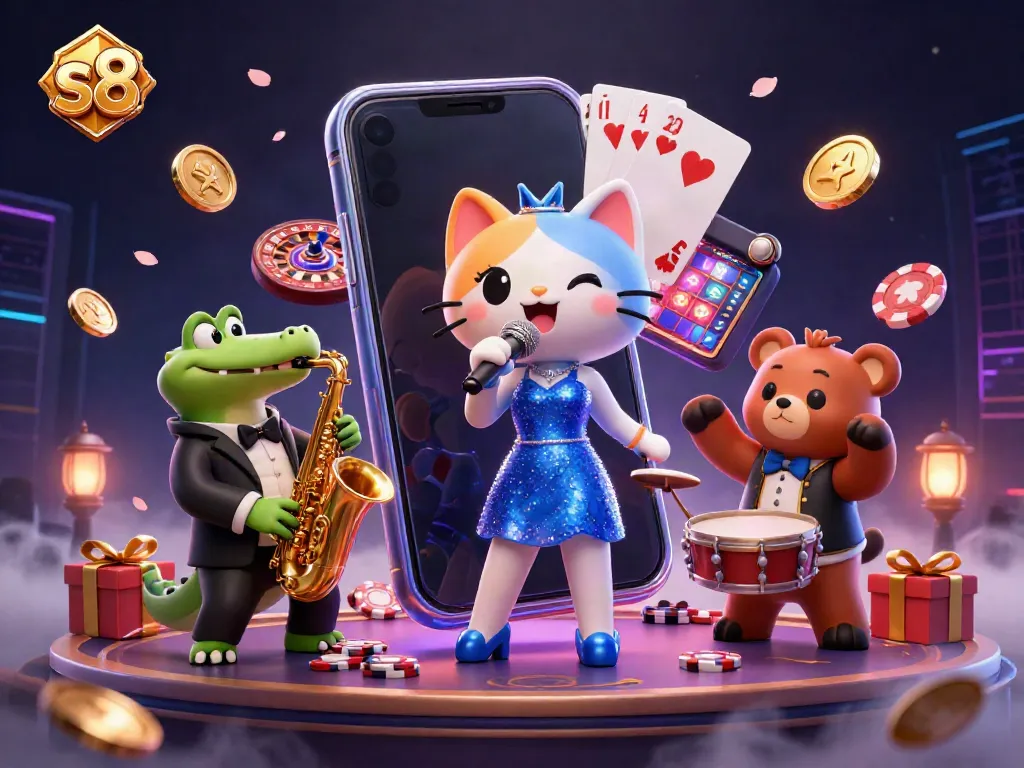 S8 casino event scene with cartoon characters and vibrant game elements showcasing engaging entertainment.