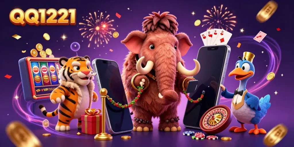 Experience excitement at QQ1221 with vibrant slot games, festive characters, and dynamic casino elements.