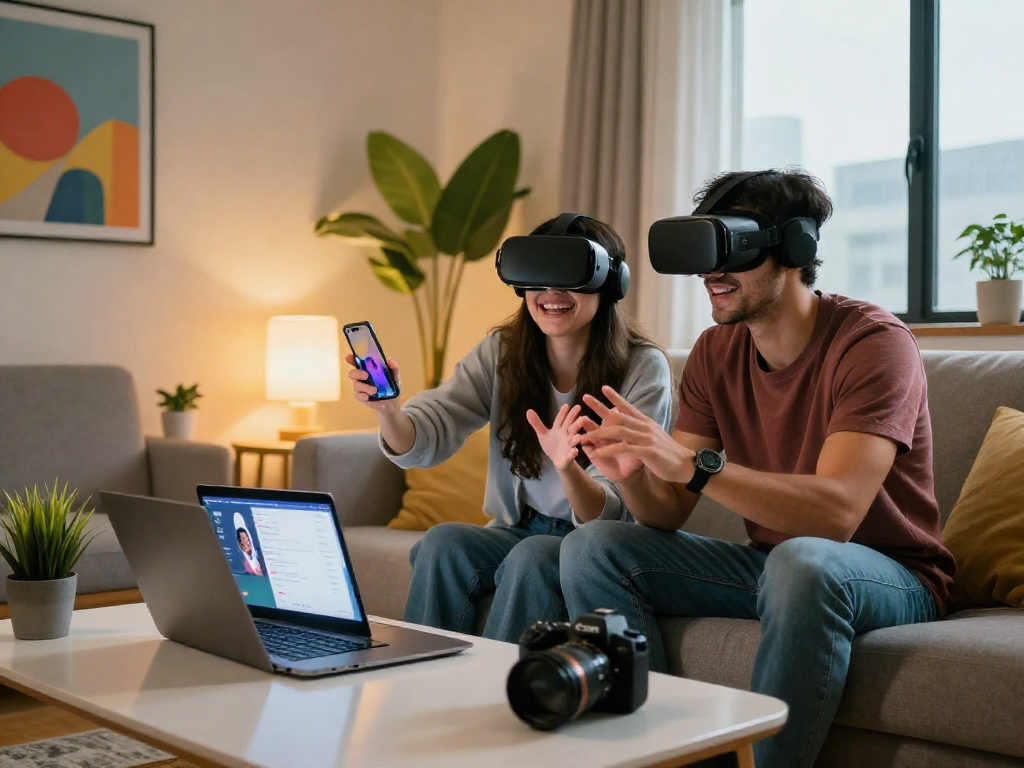 Couple enjoying the ai gf app in a vibrant modern living room.
