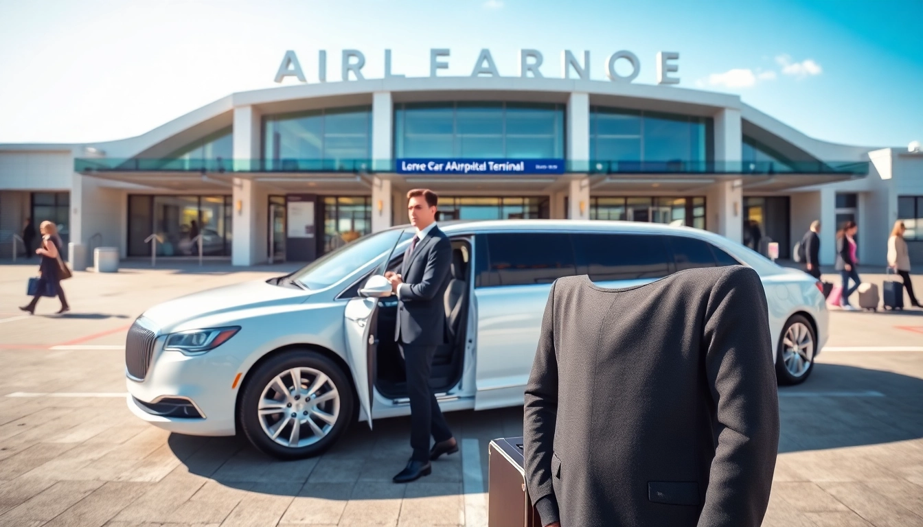 Premium airport limo service waiting for passengers at an airport terminal.