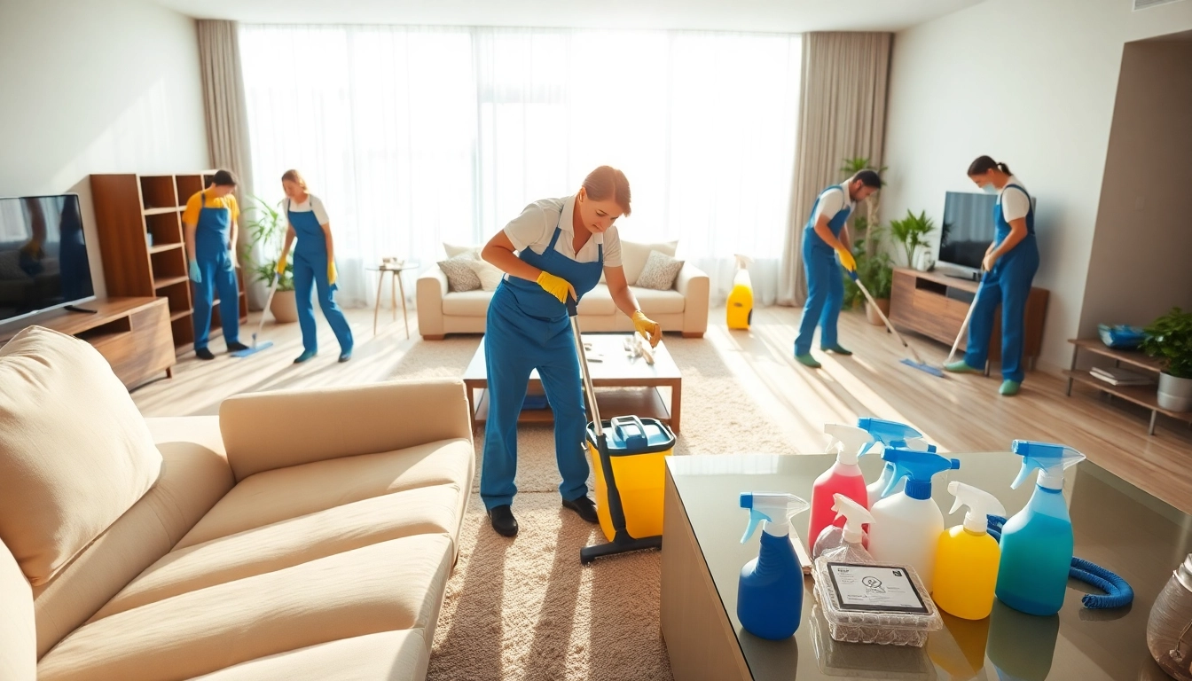 Bond cleaning professionals efficiently cleaning a bright living room with their supplies.