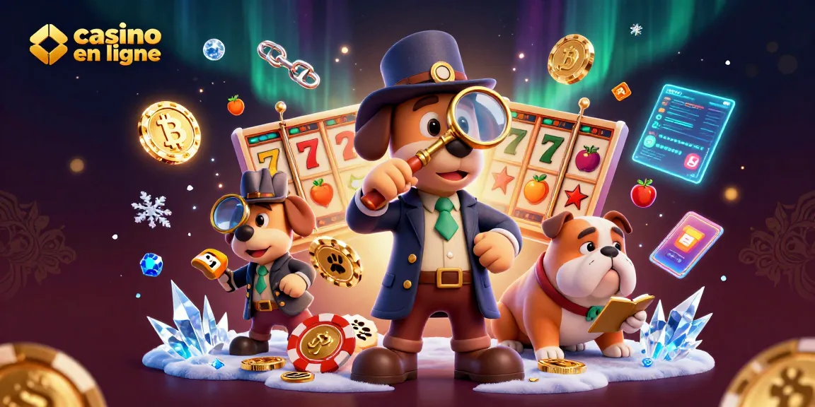 Un détective de jeu de casino en ligne observe un jeton en or, accompagné de son bulldog et d'éléments de casino.