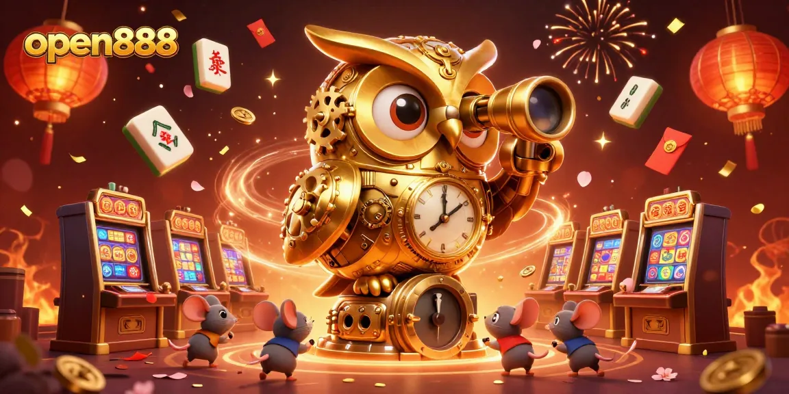 Engage with open888 through vibrant casino action featuring a clockwork owl and festive elements.