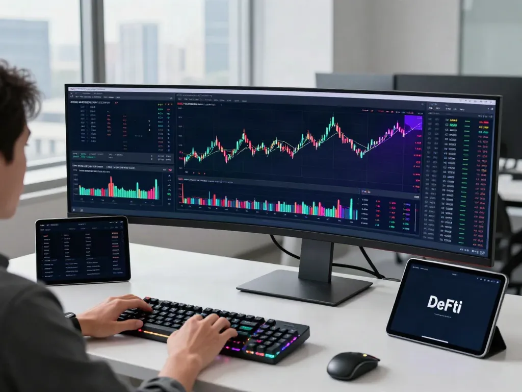 HK warrants and CBBC data API visualized on multiple screens in a modern cryptocurrency trading office.