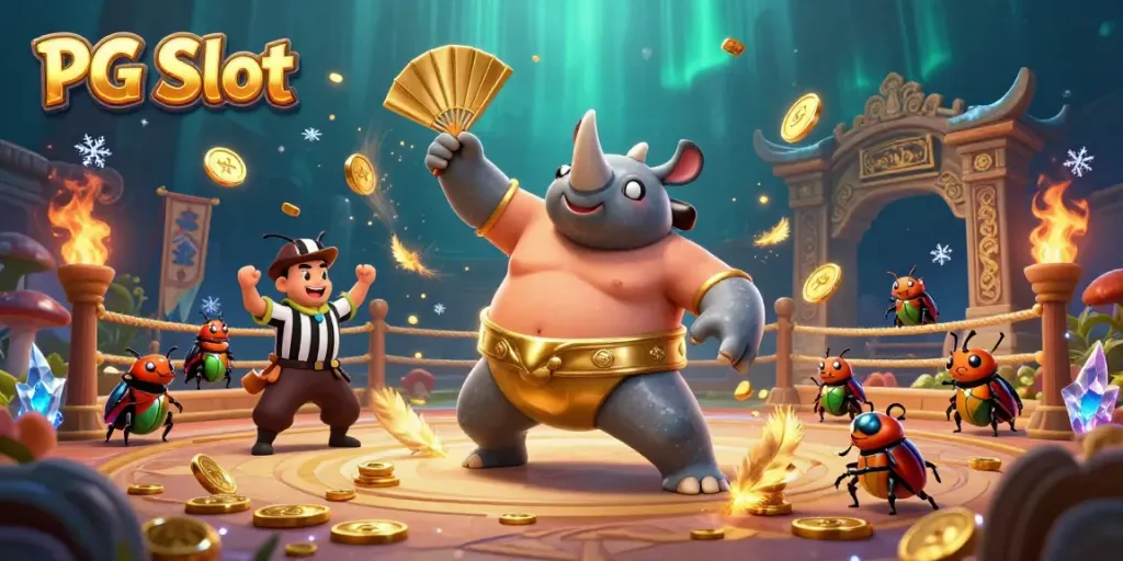 Experience PG Slot excitement in a dynamic scene with a sumo beetle champion and spectators.