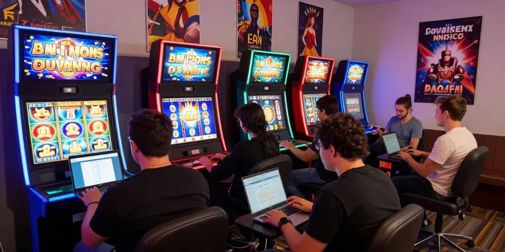 Exciting online gaming atmosphere with players at colorful slot server thailand.