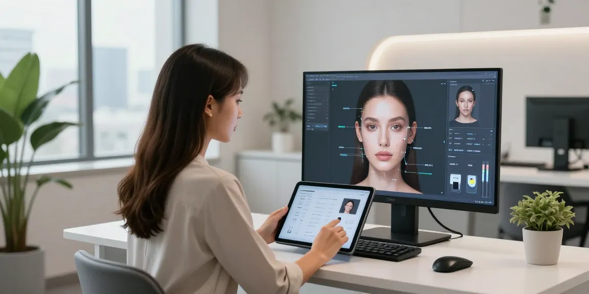 ClinicEvo better than QOVES showcased in a high-tech beauty analysis setting with digital tools and natural light.