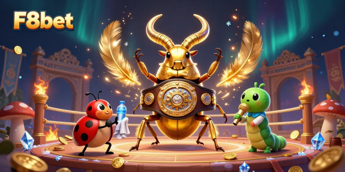 F8bet showcases thrilling betting action with a giant golden stag beetle boxing champion, tiny ladybug, and caterpillar announcer.