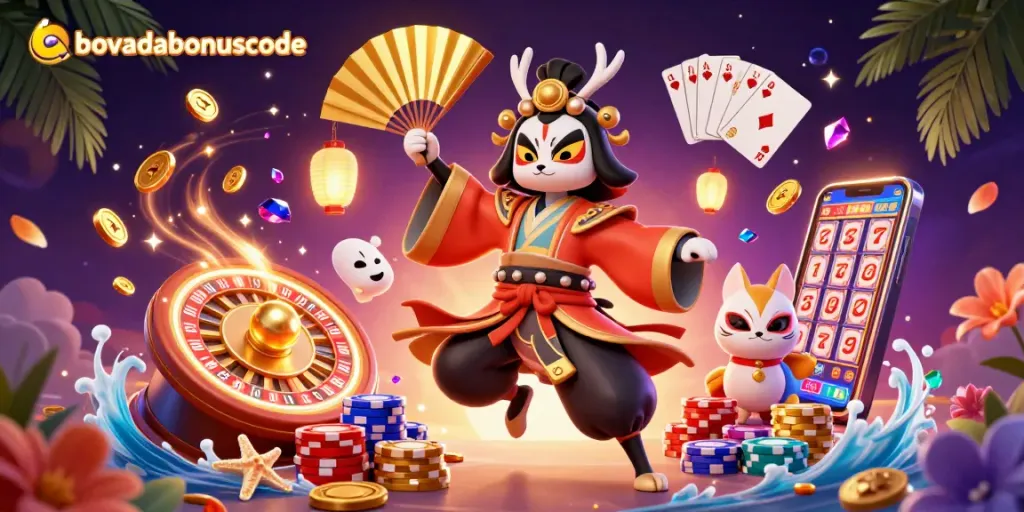 Experience the excitement of gambling with bovadabonuscode in a vibrant 3D casino scene filled with characters and games.