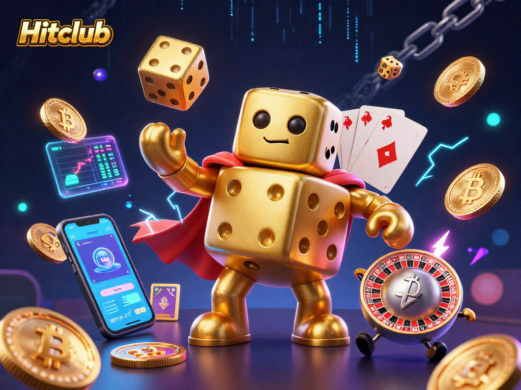 Hitclub showcases a lively casino scene with a golden dice golem and crypto elements.