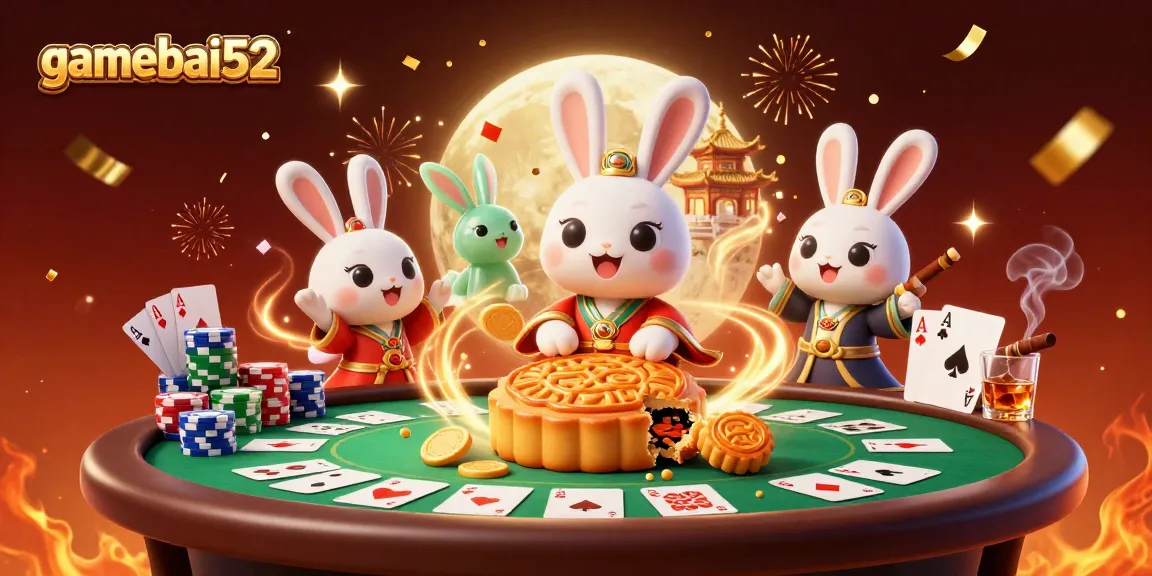 Gamebai52 showcases an exciting scene with a moon rabbit and poker elements, enhancing the gaming experience.