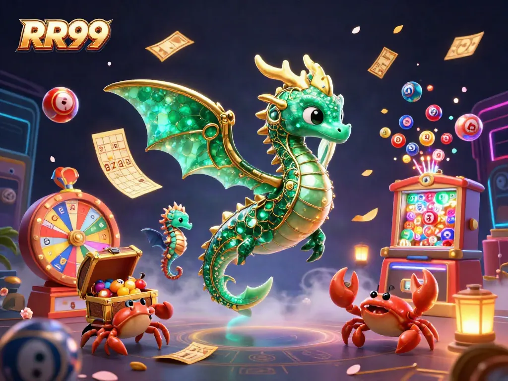 Experience excitement at RR99 with colorful lottery elements surrounding a majestic sea dragon and treasure.