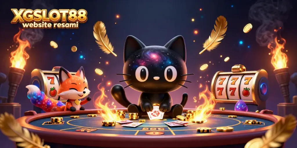 XGSLOT88 website resmi menampilkan kucing hitam galaksi dan rubah nebula bersenang-senang di meja kasino.