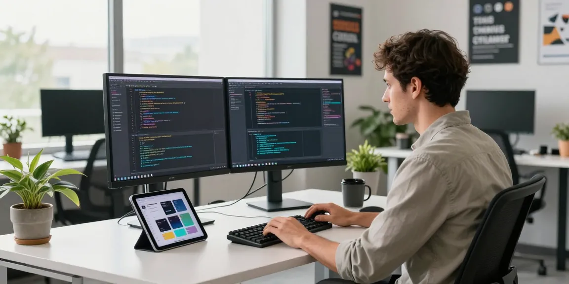 Developer coding in a modern workspace showcasing the 456bd tech industry, with dual monitors and a creative atmosphere.