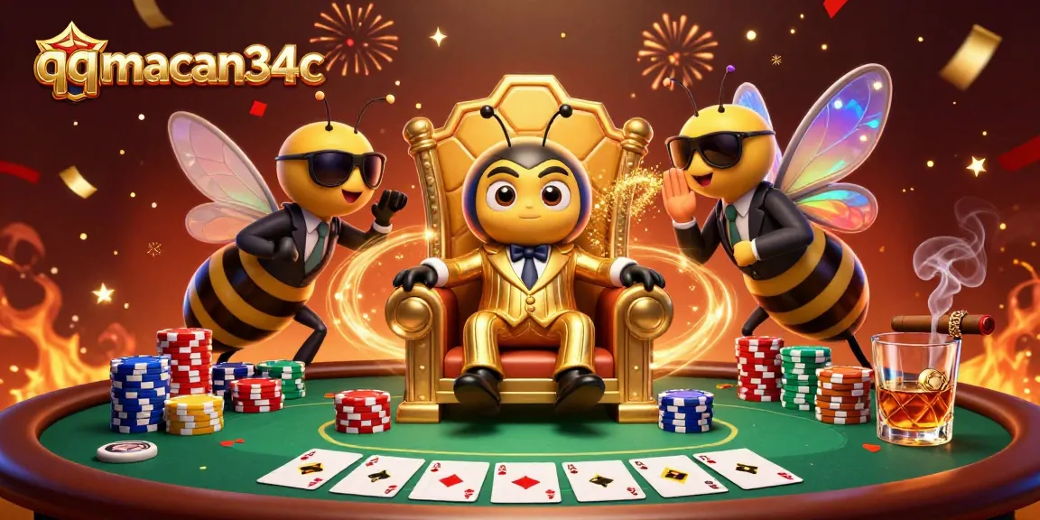 Engage in high-stakes poker with the vibrant characters of qqmacan34c in a festive casino setting.