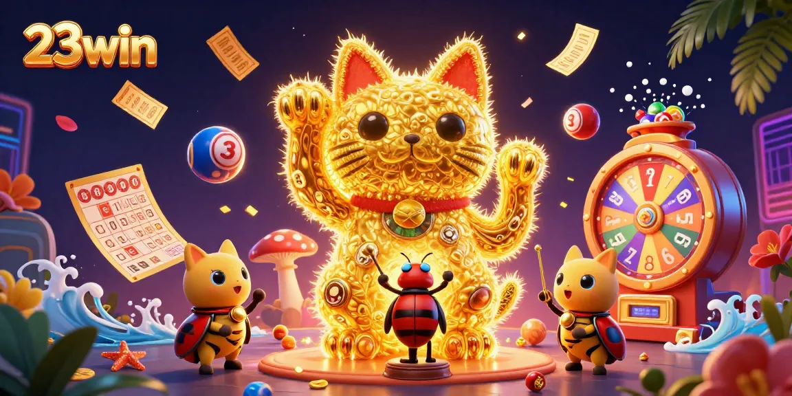 Engage with 23win's thrilling casino experience featuring a vibrant lucky cat and dynamic game elements.