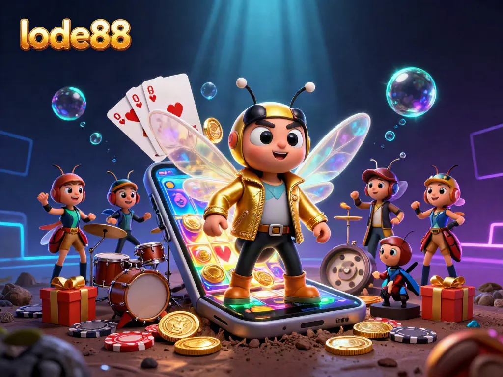 Engage with lode88's vibrant online casino atmosphere featuring a cartoon rock star and games.