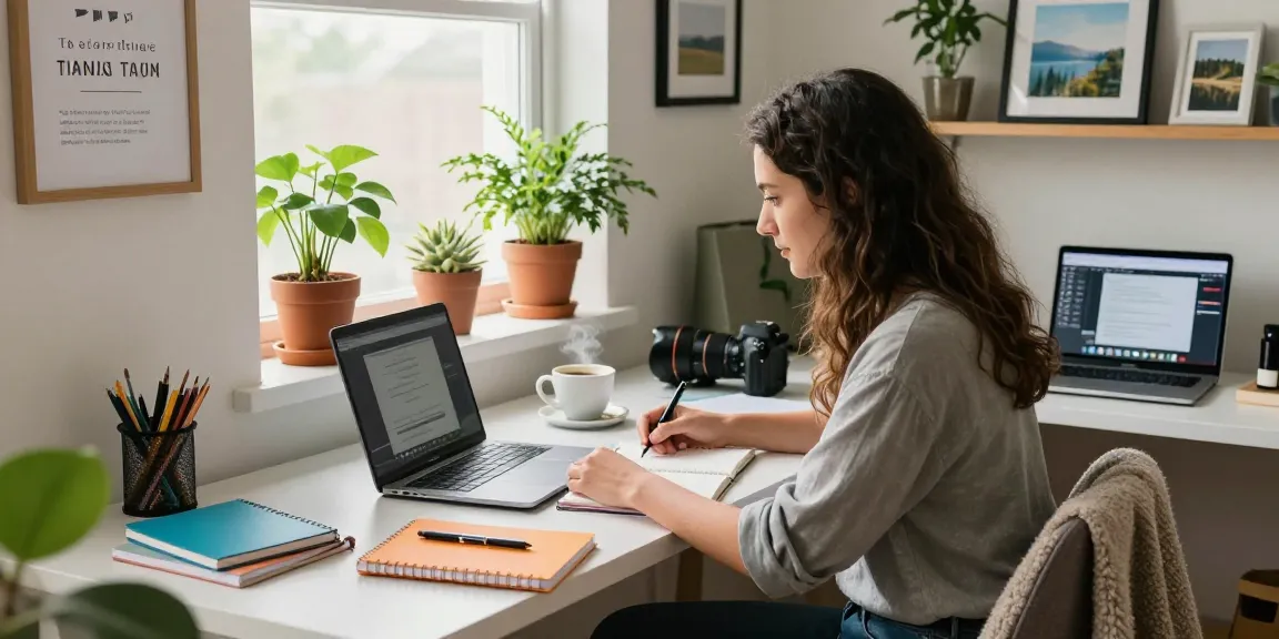 More from our blog: Vibrant home office scene with individual engaged in creative blogging, showcasing productivity and inspiration.