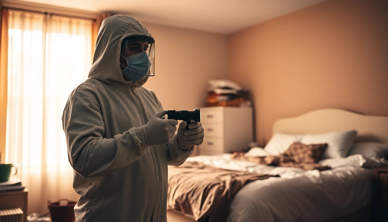 Technician preparing for bed bug treatment in a bedroom, emphasizing safety and thorough pest control.