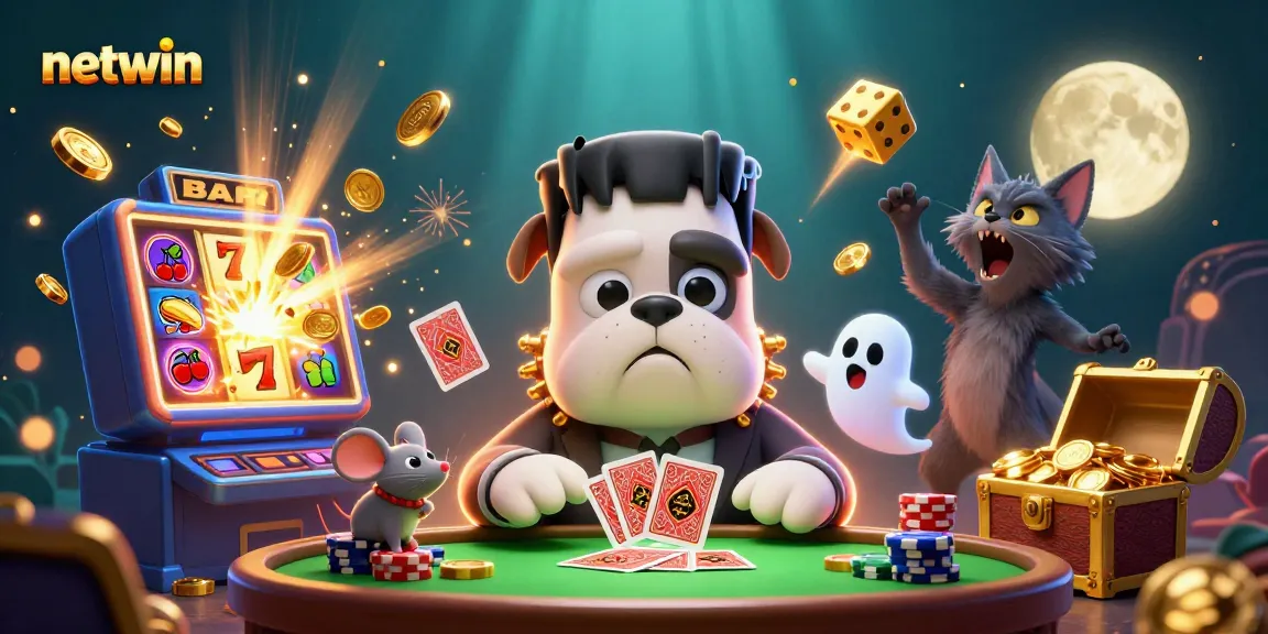 Experience netwin's thrilling online casino entertainment with a unique 3D scene featuring vibrant characters and game elements.