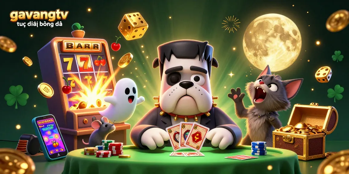 Engage with gavangtv trực tiếp bóng đá featuring a spooky casino scene with colorful characters and dynamic game elements.