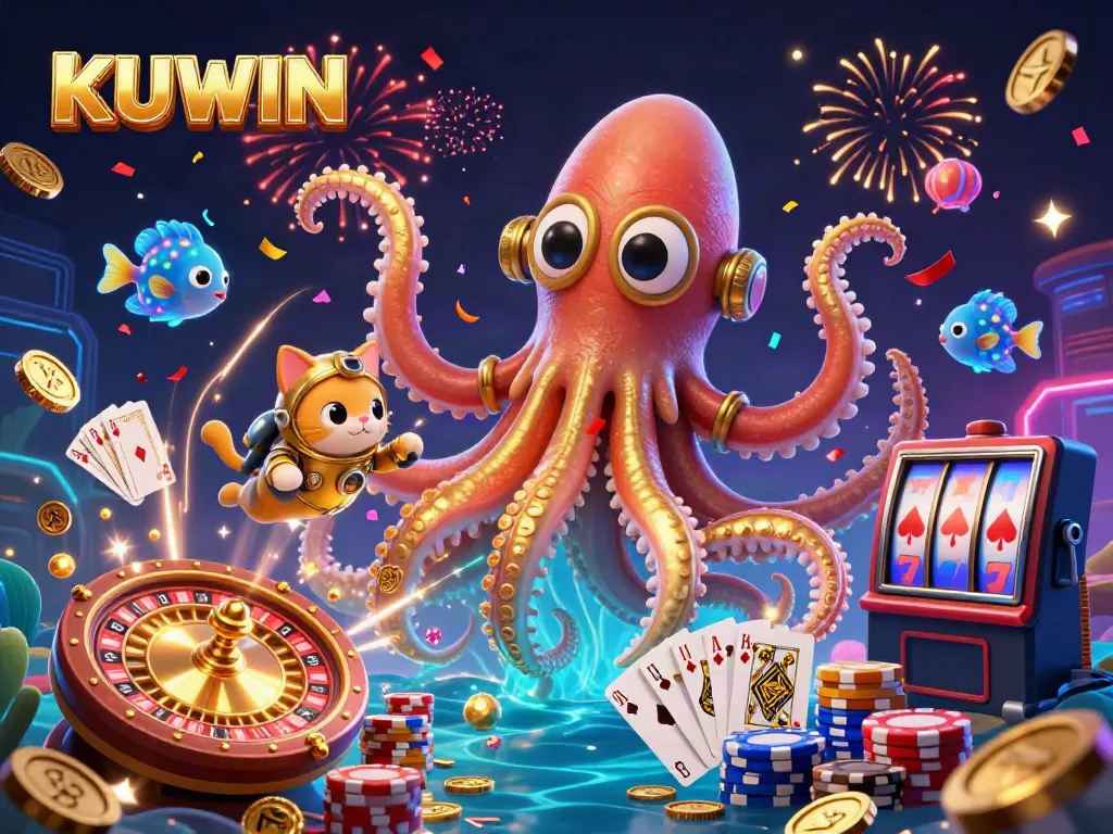 KUWIN captures thrilling gaming excitement with a kraken, diving cat, and rich casino elements.
