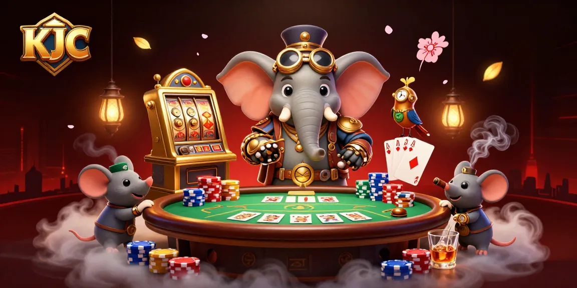 Engage with KJC's thrilling gaming atmosphere featuring vibrant poker action and dynamic characters.