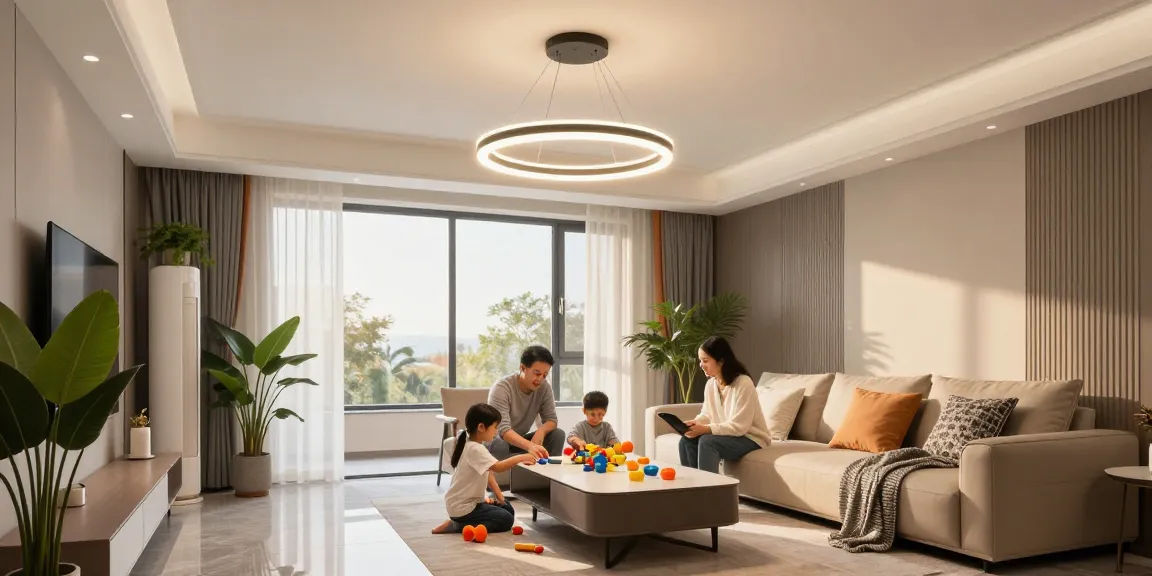 Lustra LED modernă iluminând camera de zi, atmosferă caldă și primitoare.