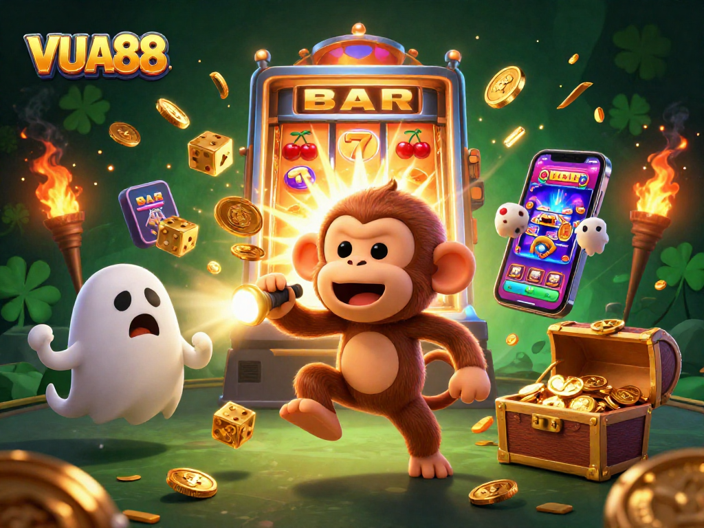 VUA88 players unleash winnings while exploring a vibrant casino scene with animated games and golden treasures.