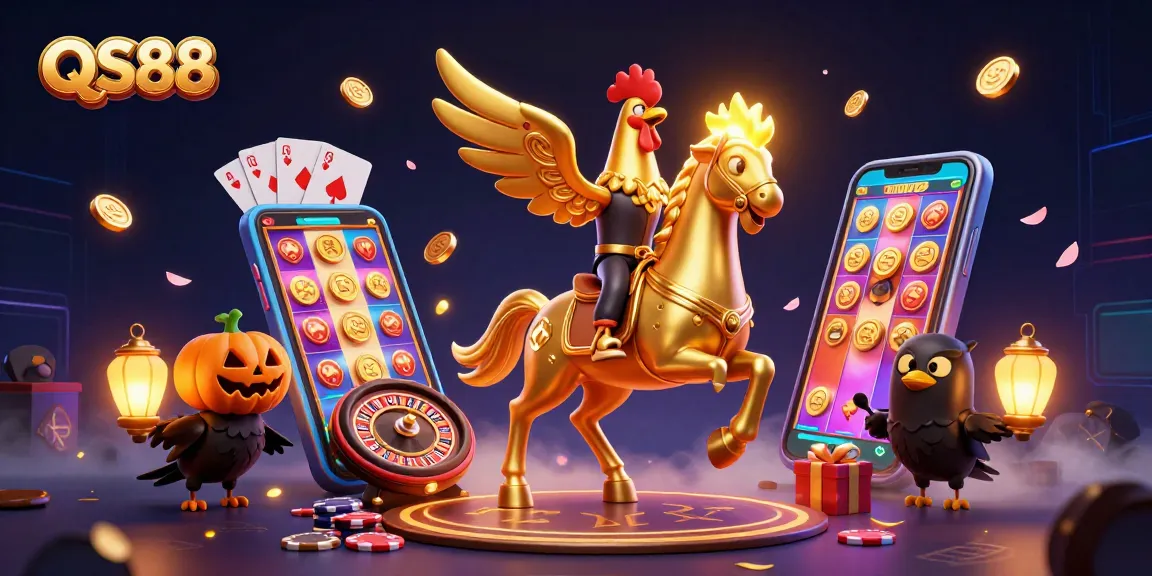 Experience QS88's vibrant slot games through a dynamic golden rooster mascot illustration.