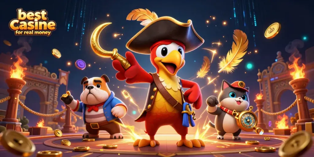 Explore the vibrant world of the best online casinos for real money featuring a pirate captain, bulldog first mate, and cat navigator.