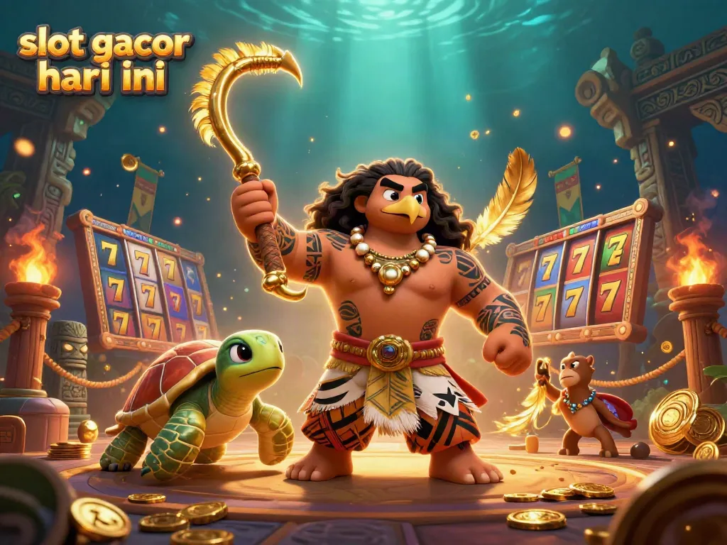Engage with the vibrant scene of slot gacor hari ini featuring a demigod hawk and a playful turtle surrounded by slot gaming elements.
