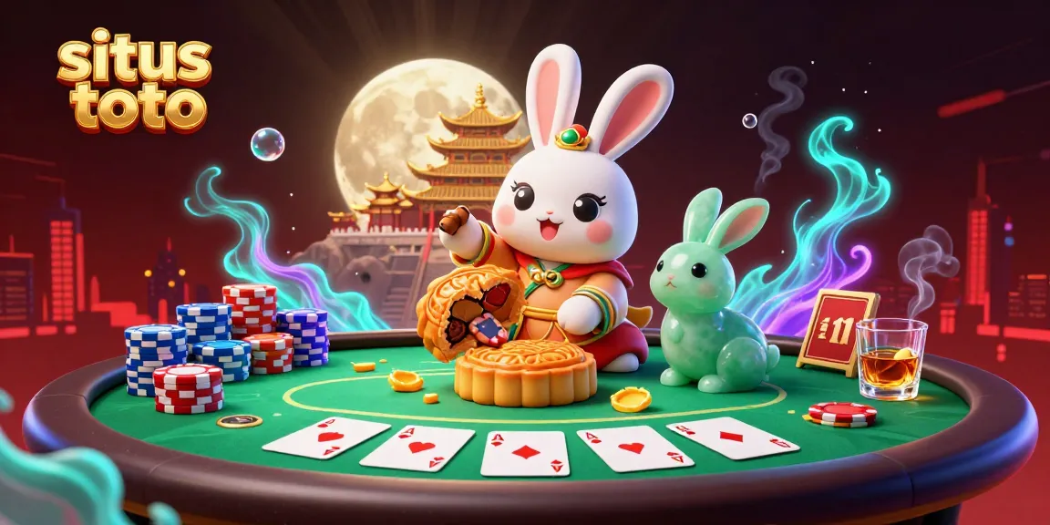 Engage with situs toto experience featuring a moon rabbit with poker chips, vibrant poker elements, and dynamic casino atmosphere.