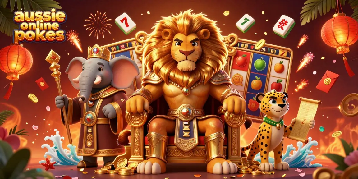 Aussie online pokies with a lion, elephant, and cheetah celebrate wins amid vibrant slot games