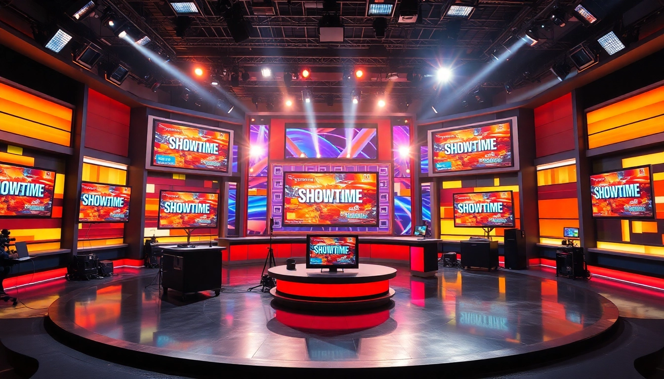 Showtime are in a dynamic television studio setting with vibrant lighting and displays.
