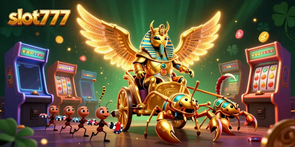 Bermain slot777 dengan simbol keberuntungan, menampilkan karakter menarik dan mesin slot canggih dalam ilustrasi 3D.