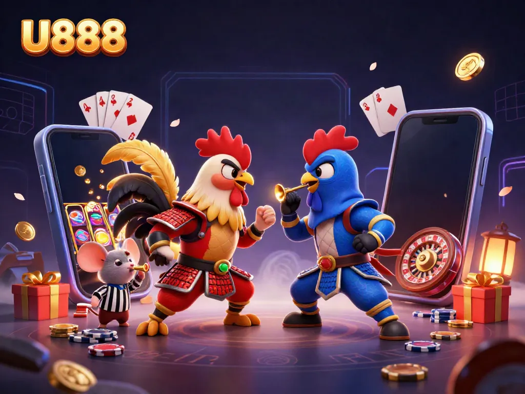 Watch thrilling cockfighting at U888, enhanced by a dynamic gaming backdrop featuring slots and cards.