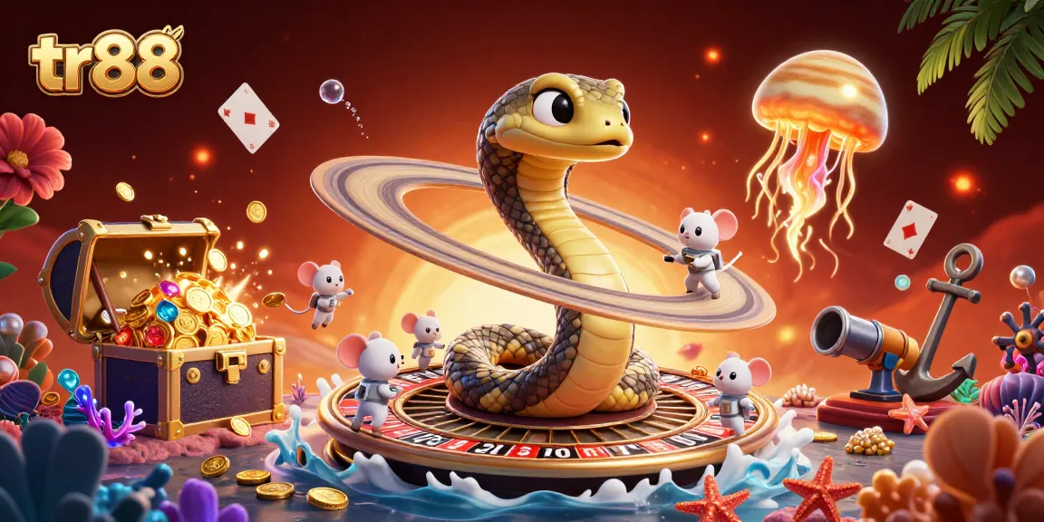Experience tr88's thrilling cosmic casino scene with vibrant characters and dynamic gaming elements.