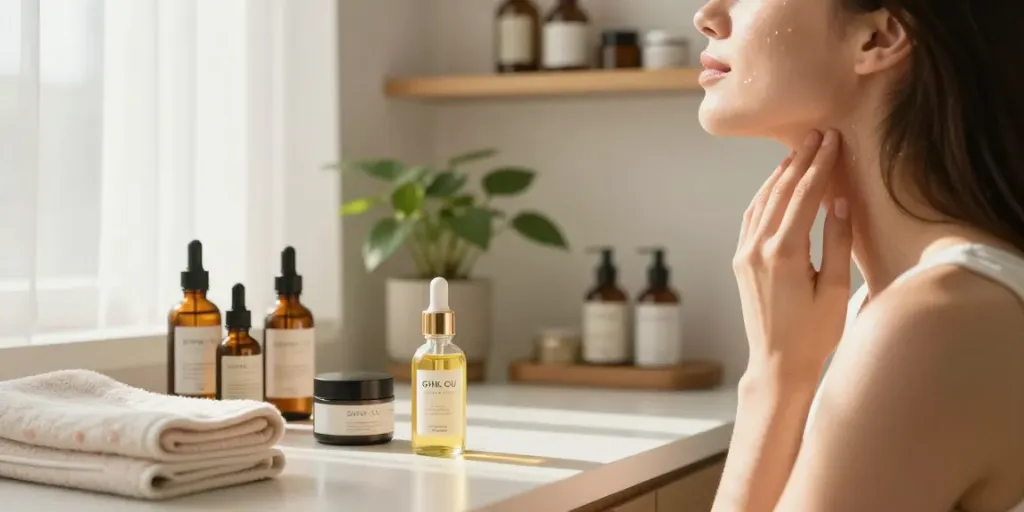 Woman applying GHK-Cu peptide serum in a serene bathroom setting filled with natural skincare products.