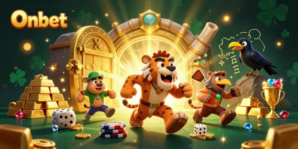 Experience thrilling gameplay at Onbet with a vivid casino scene featuring treasure and exciting characters.