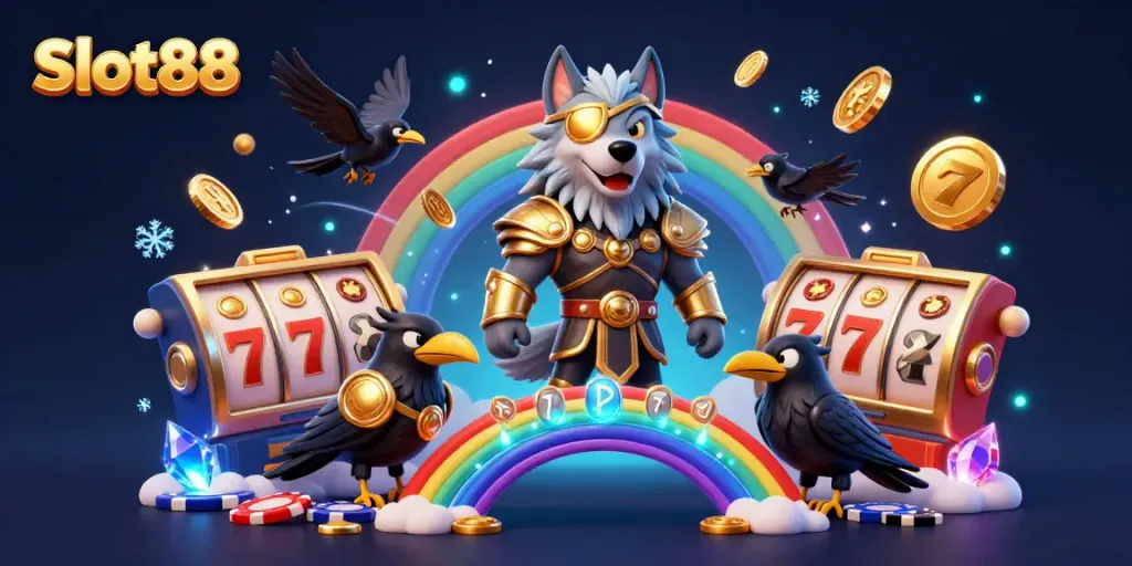 Experience Slot88 excitement with a vibrant Norse-inspired scene filled with slot reels and golden treasures.