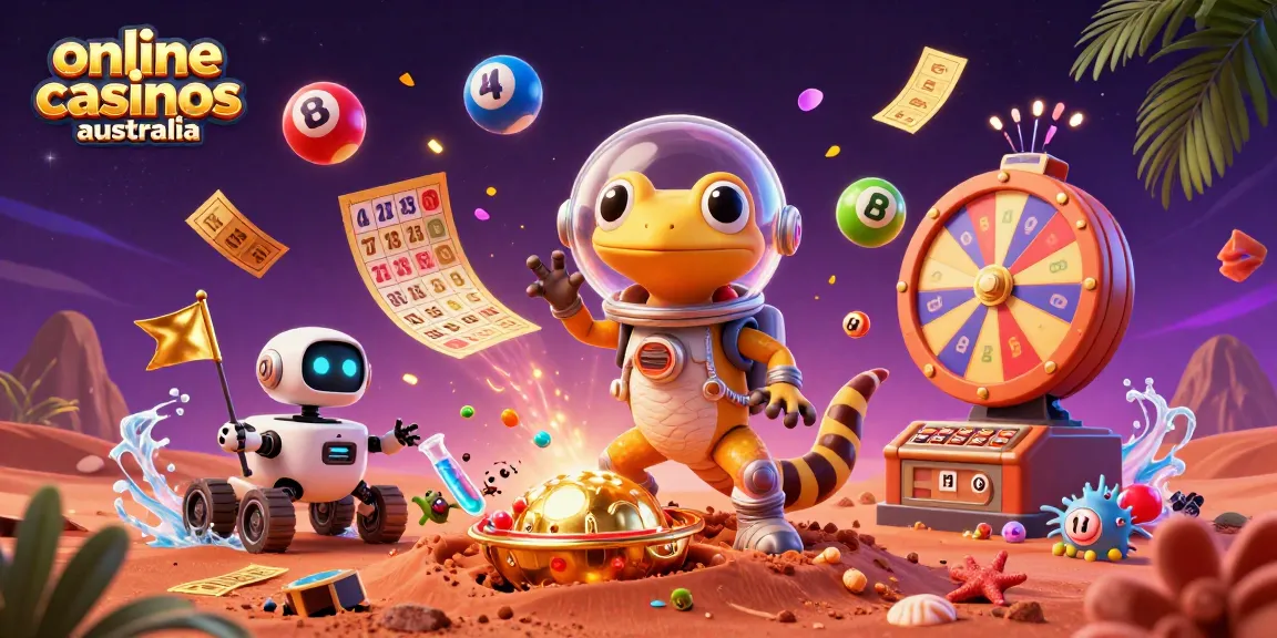 Engage with online casinos Australia featuring vibrant animations of a Martian gecko discovering a hidden casino among lively elements.