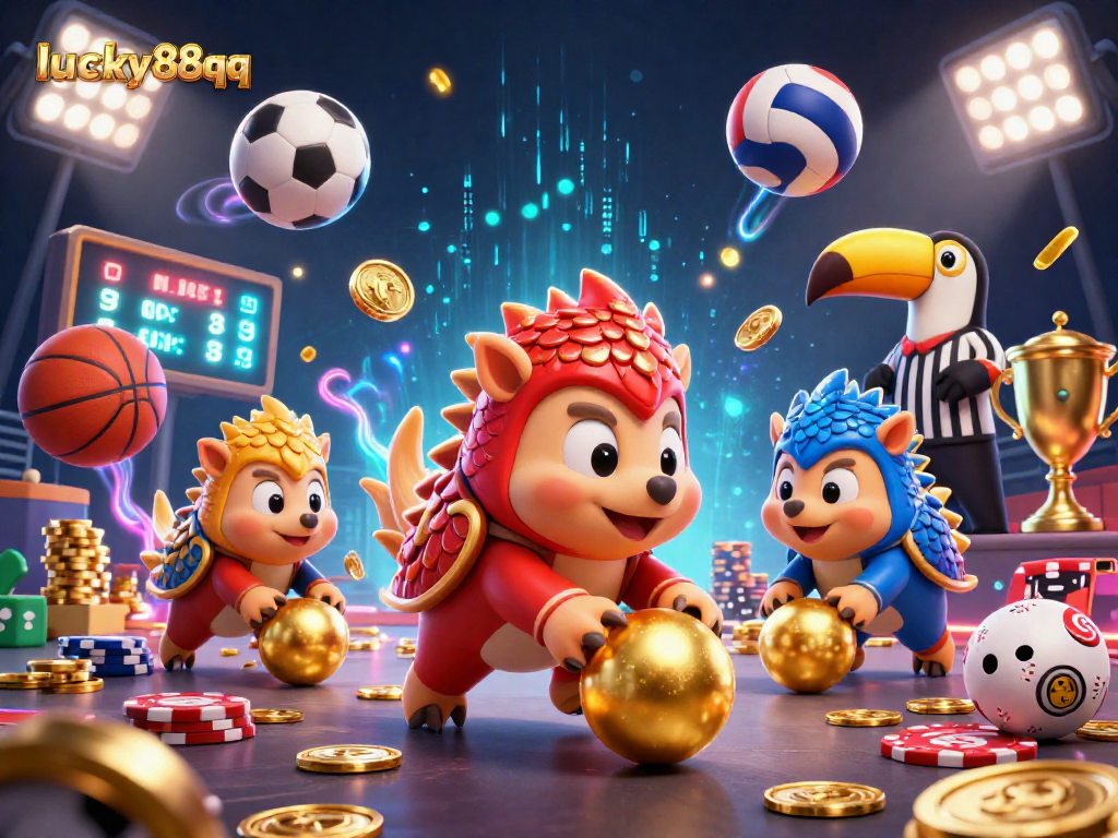 Engage with lucky88qq through a vibrant, action-packed scene of pangolins and casino elements.