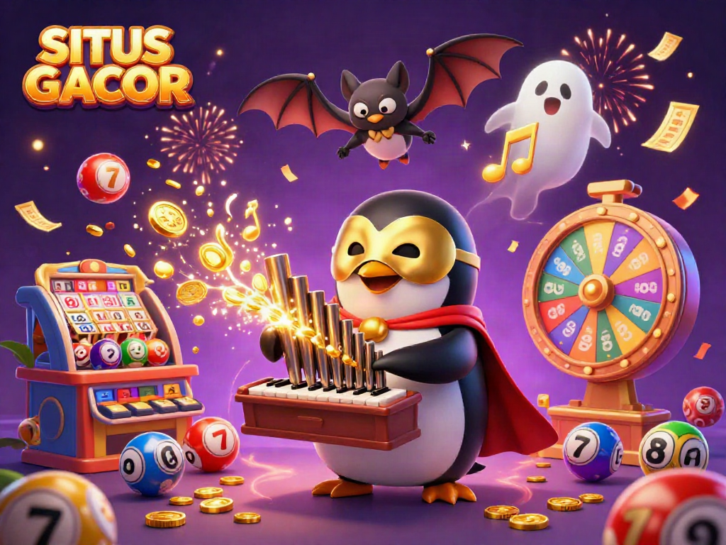 SITUS GACOR showcases an exciting 3D scene with a penguin playing a golden pipe organ amidst vibrant casino elements.