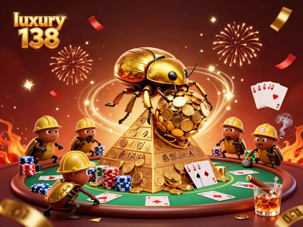 Engage with luxury 138's vibrant casino atmosphere featuring golden coins and poker elements.