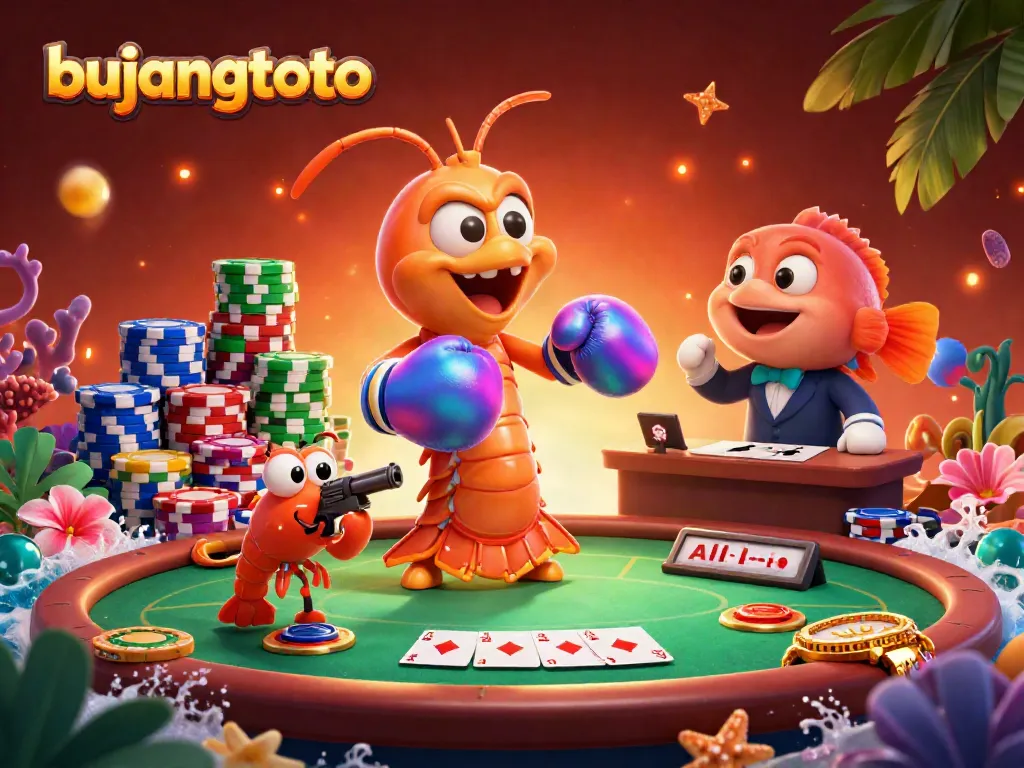 This engaging illustration showcases bujangtoto featuring vibrant casino elements and playful sea creatures in an action-packed scene.
